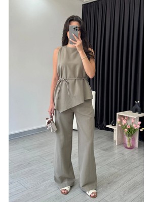 Ecenin Favorileri Haki Asimetrik Bluz Pantolon Kadın Takım