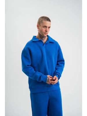 Bet's  Erkek Patlı Yaka Üç Iplik Pamuklu Sweatshirt Double Oversize Rahat Kalıp Günlük Kullanım - Mavi