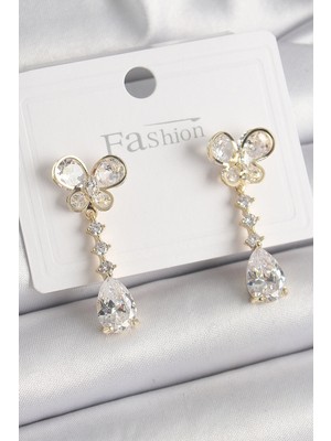 Eco Lounge Pirinç Gold Renk Zirkon Taşlı Kelebek Model Sallantı Damla Zirkon Taş Kadın Küpe