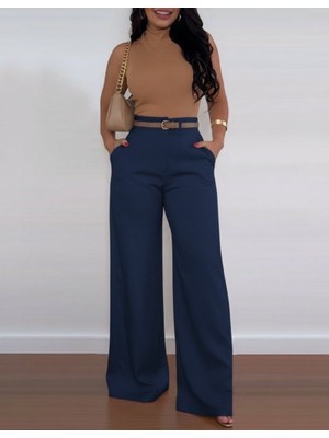 Moda Loris Kadın Yüksek Bel Geniş Paça Detaylı Cepli Ithal Krep Pantolon