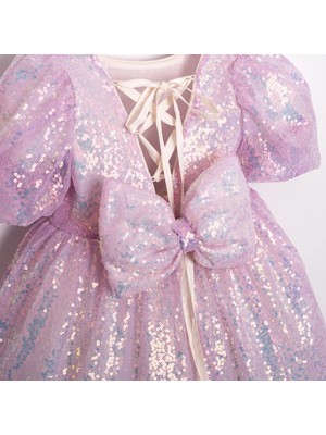 Cumino Kız Çocuk Pullu Astarlı Balon Kol Parti Elbisesi