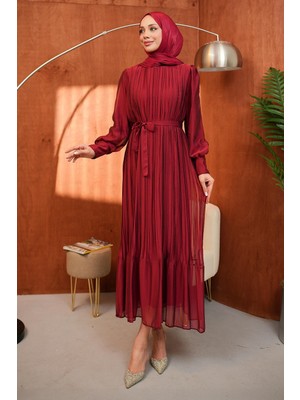 İmaj Butik Bordo Bel Kuşaklı Tül Detaylı Elbise