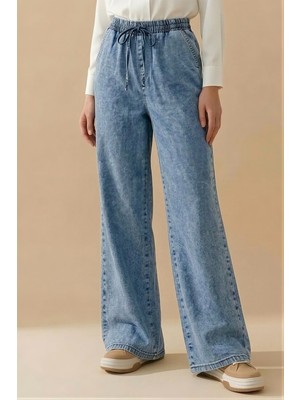 İmaj Butik Buz  Mavi Bel Lastikli Palazzo Kot Pantolon