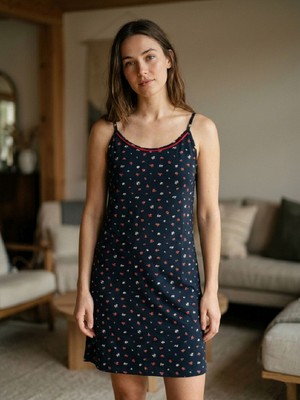 U&me Midnight Bloom Mini Çiçek Desenli Kadın Ip Askılı Yazlık Pamuk Kısa Gecelik, Ev Elbisesi Lacivert