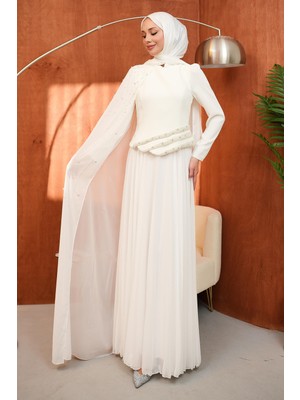 İmaj Butik Ekru Inci Işlemeli Pelerinli Abiye