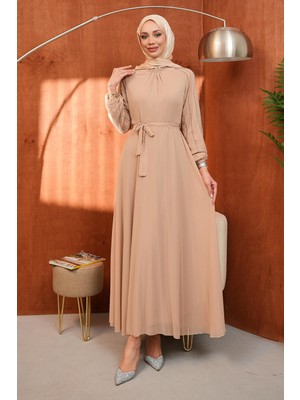 İmaj Butik Bej Bel Kuşaklı Taş Işlemeli Abiye