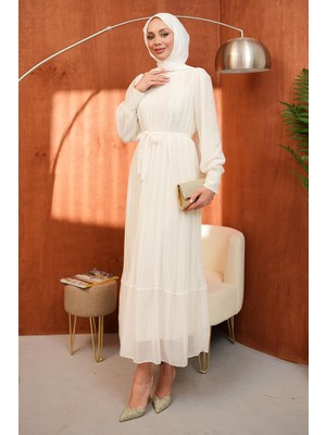 İmaj Butik Ekru Bel Kuşaklı Tül Detaylı Elbise