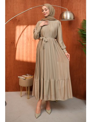 İmaj Butik Haki Bel Kuşaklı Tül Detaylı Elbise