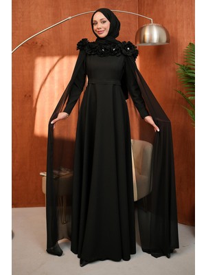 İmaj Butik Siyah Yaka Çiçekli Pelerinli Abiye