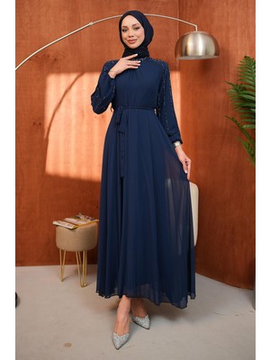 İmaj Butik Lacivert Bel Kuşaklı Taş Işlemeli Abiye