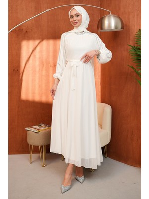 İmaj Butik Beyaz Bel Kuşaklı Taş Işlemeli Abiye
