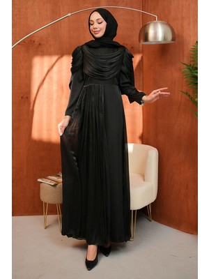 İmaj Butik Siyah Önü Drapeli Saten Abiye