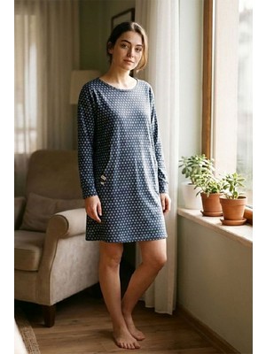 U&me Owl Mini Baykuş Desenli Uzun Kollu Cepli Pamuk Kadın Gecelik, Rahat Ev Giyimi Lacivert