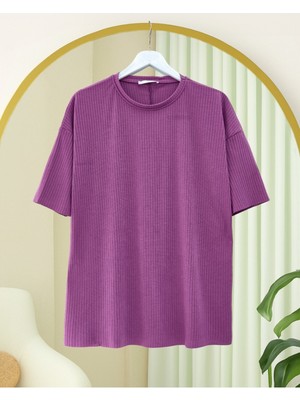 Modamorfo Bisiklet Yaka Fitilli Yırtmaçlı Tişort -Mor