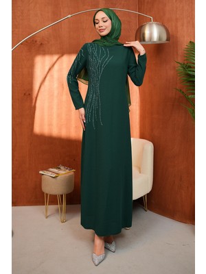 İmaj Butik Zümrüt Yeşili Bisiklet Yaka Taş Işlemeli Abiye