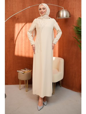 İmaj Butik Bej Bisiklet Yaka Taş Işlemeli Abiye