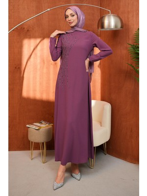 İmaj Butik Gül Kurusu Bisiklet Yaka Taş Işlemeli Abiye