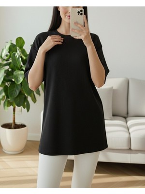 Modamorfo Bisiklet Yaka Fitilli Yırtmaçlı Tişort -Siyah