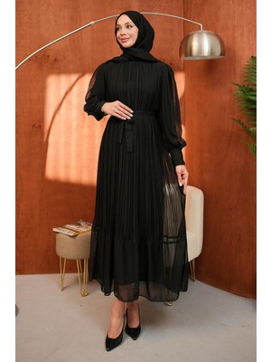 İmaj Butik Siyah Bel Kuşaklı Tül Detaylı Elbise
