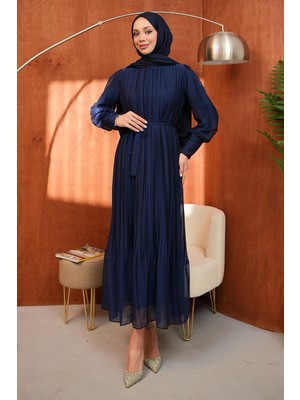 İmaj Butik Lacivert Bel Kuşaklı Tül Detaylı Elbise