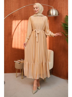 İmaj Butik Bej Bel Kuşaklı Tül Detaylı Elbise