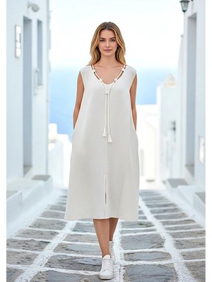 Evora Studio Ham Keten Bağcık Detaylı Salaş Kadın Elbise Yazlık Rahat Elbise