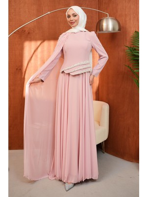 İmaj Butik Pudra Inci Işlemeli Pelerinli Abiye