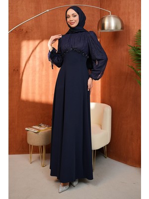 İmaj Butik Lacivert Kol Sırt Bağlama Detaylı Abiye