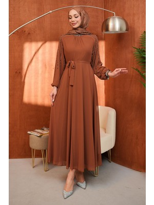 İmaj Butik Taba Bel Kuşaklı Taş Işlemeli Abiye