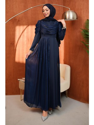 İmaj Butik Lacivert Önü Drapeli Saten Abiye