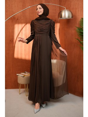 İmaj Butik Kahverengi Önü Drapeli Saten Abiye