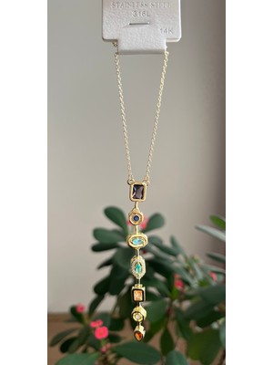 Diba Avm Y Kolye 14K Gold Renk 316L Çelik Kadın Kolye Baget Taşlı Renkli Asimetrik Taşlı Uzun Taşlı Y Kolye Sarkıt Kolye Minimal Kolye Kadın Zincir Kolye Trend Kadın Takı Günlük Şık Kolye