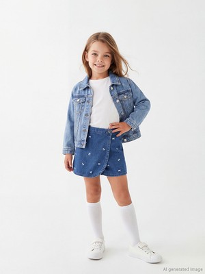 Lcw Indigo Kurdele Nakışlı Kız Çocuk Jean Şort