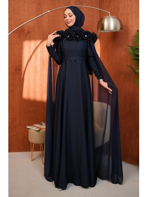 İmaj Butik Lacivert Yaka Çiçekli Pelerinli Abiye