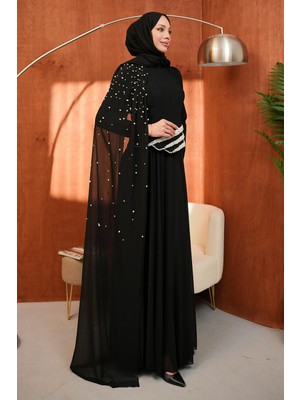 İmaj Butik Siyah Inci Işlemeli Pelerinli Abiye