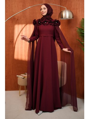 İmaj Butik Bordo Yaka Çiçekli Pelerinli Abiye