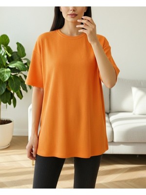 Modamorfo Bisiklet Yaka Fitilli Yırtmaçlı Tişort -Turuncu