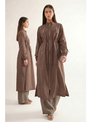 Ceremony Hakim Yaka Beli Büzgülü Önden Fermuar Detaylı Safari Kap Ceket 822 Kahverengi