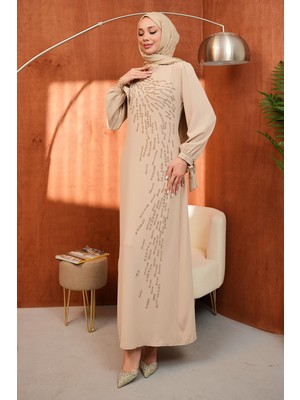İmaj Butik Bej Bisiklet Yaka Taş Işlemeli Abiye