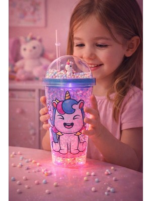 Biton Toptan Unicorn Temalı LED Işıklı Suluk Buzlu Cam Görünümlü 450 ml Çift Katman Mika Su Şişesi 2646 Mavi
