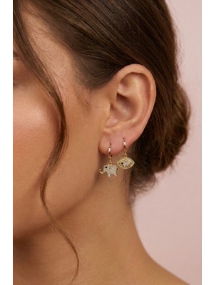 Sacce Scarves & Accessories Fil Sembollü Asimetrik Halka Küpe Seti – Zirkon Taşlı Minimal Fil Charm Küpe