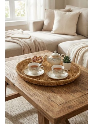 Toyfest ® 40 cm Plastik Rattan Tepsi – Hasır Görünümlü Dekoratif Servis Tepsisi, Mutfak, Kahvaltı, Sun