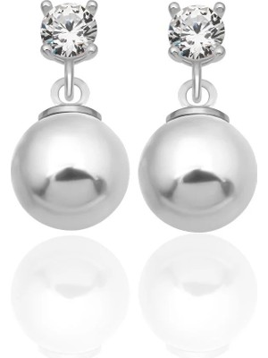Azuris Silver 925 Ayar Gümüş 4 mm Zirkon Taş 8 mm Beyaz Kabuk Inci Saplamalı Küpe