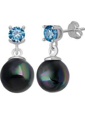 Azuris Silver 925 Ayar Gümüş Kabuk Inci 8 mm Mayorka Kusursuz Şekil 4 mm Aqua Rengi Zirkon Taşlı Saplamalı Küpe