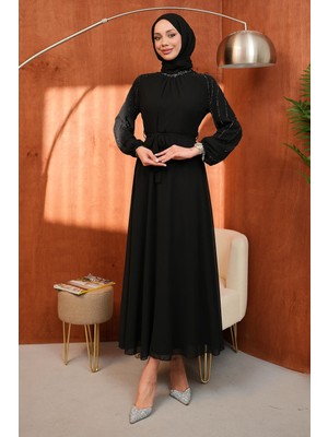 İmaj Butik Siyah Bel Kuşaklı Taş Işlemeli Abiye