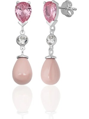Azuris Silver 926 Ayar Gümüş Damla Zirkon Taş Damla Pembe Kabuk Inci Saplamalı Küpe