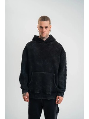 Meğdaix Unisex Uzun Kol Kapşonlu Yıkamalı Nakışlı Sweatshirt - Siyah