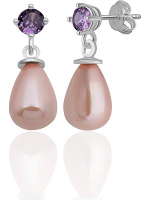 Azuris Silver 926 Ayar Gümüş 4 mm Mor Zirkon Taş Damla Pembe Kabuk Inci Saplamalı Küpe