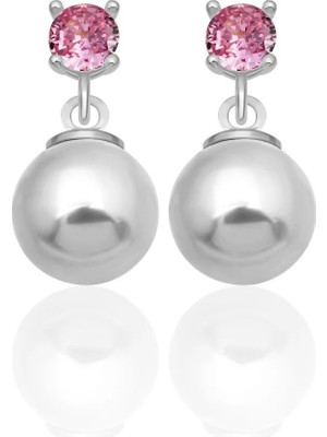 Azuris Silver 925 Ayar Gümüş 4 mm Pembe Zirkon Taş 8 mm Beyaz Kabuk Inci Saplamalı Küpe