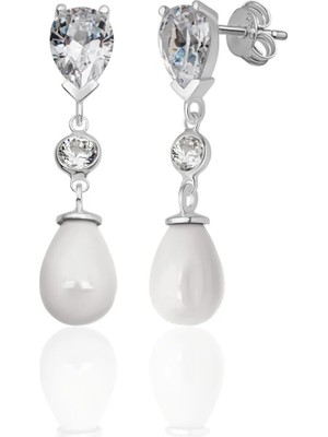 Azuris Silver 926 Ayar Gümüş Damla Zirkon Taş Damla Beyaz Kabuk Inci Saplamalı Küpe